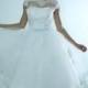 50shouse_ 50s inspired retro feel polka dot lace neckline tulle tea wedding dress with blue sash_ custom make