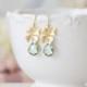 Seafoam Green Earrings, Gold Orchid Flower Aqua Blue Glass Dangle Earrings, Seafoam Aqua Wedding Earrings, Bridesmaid Earrings, Gift for Her