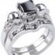 Custom 14K Gold Princess Cut Black Diamond and Skull Wedding Ring and Shadow Ring Set