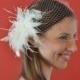 Bandeau 801 -- VEIL SET w/ PEARL and Feather Fascinator Hair Clip & Ivory or White 9" Birdcage Blusher Veil for bridal wedding