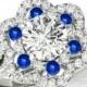 Forever One Moissanite, Diamond & Sapphire Flower Lotus Engagement Ring Split Shank 14k White Gold, Gemstone and Moissanite Anniversary Ring