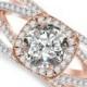 1 Carat Round Forever One Moissanite & Multi-Row Diamond Cushion Halo 14k Two Tone Engagement Ring, Rose Gold, Pink Wedding Rings