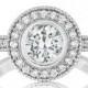 1 carat Forever One Round Bezel Moissanite Diamond Halo Vintage Milgrain Engagement Rings, WeddingBee, TheKnot, Wedding Sets, Bridal Jewelry