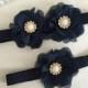 wedding garter set, navy blue bridal garter set, navy blue chiffon flower, pearl/rhinestone, silver, gold