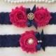 wedding garter set, navy blue/fuchsia bridal garter set, fuchsia chiffon flower, navy blue bow, pearl/rhinestone