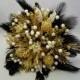 Bridesmaids bouquet in gold and ivory with black feather collar. Beaded bouquet, feather bouquet, brooch alternative