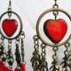 Chandelier Earrings with Heart, Brass Tone Earrings with Red Glass Beads, Summer Earrings, Boho Earrings, Gypsy Earrings, Long Earrings