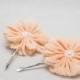 Delicate Peach Tulle Flower Bobby Pins with Pearl Button Centers - Wedding, Party, Formal - Bridesmaid, Flower Girl - One Pair