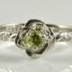 Peridot Ring in Sterling Silver, Petite and Cute Rose Flower setting with faceted Peridot and twist/scroll band. Engagement Solitaire Ring