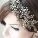 Gold Vine Opal Pearl Bridal Headpiece. Ethereal Delicate Swarovski Crystal Leaf Boho Wedding Headband.  ELSA