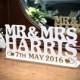 Mr&Mrs with date or short text, personalised tea light holder, stand, wedding decoration, keepsake. Name, date and colour of your choice