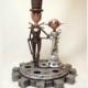 Elegant Wedding Cake Topper Steampunk Gear Base Robot Couple Groom Bride Wood Sculpture