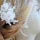 Bird Cage Veil and Lace Fascinator in Ivory, White or Champagne, Bridal Fascinator and Bandeau Veil with Rhinestones, Pearls - ODETTE