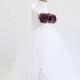 WHITE tutu dress , flower girl dress , brown flower princess party dress , hand crochet top tulle dress , tutu dress children wedding dress