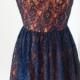 2015 One-shoulder Navy Blue Lace Orange Lining Short Bridesmaid Dress