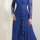 Sweetheart Zipper Appliques Chiffon Lace Ruched Long Sleeves Blue Floor Length