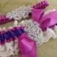 Purple and Ivory Lace Garter Set - Crystal Garter -ORCHID Wedding GARTER Set  - Couture Garter