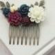 Wedding Hair Comb, Burgundy, Ivory, Maroon and Navy Blue Wedding, Maroon and Dark Blue Flower Hair Piece, Rustic Romantic, Bridesmaids Gift
