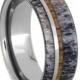 Mens Tungsten Ring, Deer Antler Wedding Band With Oak Wood And Tungsten Pinstripes