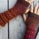 Granny's Hand Knit Fingerless Gloves in mustard yellow, strawberry red, moss green and blue