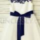 Navy Blue Lace Ivory Satin Organza Flower Girl Dress With Navy Sash