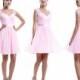 Pink Lace Bridesmaid Dress, V neck V back Short  Popular Lace Chiffon Bridesmaid Dress With Straps