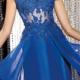 Appliques Tulle Chiffon Ruched Blue Zipper Short Sleeves Floor Length