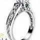White Gold Moissanite Engagement Ring Milgrain Moissanite Ring Vintage Engagement Ring with Emeralds