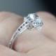 White Topaz & Blue Sapphire Antique Halo Filigree Engagement Ring 1ct 6mm 14k 18k White Yellow Rose Gold Platinum Custom Wedding Anniversary