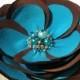 Chocolate Brown And Turquoise Flower Hair Pin, Clip Or Brooch