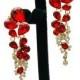 Red Crystal Earrings, Long Rhinestone Earrings, Long Chandelier Gold Earrings, Wedding Jewelry, Teardrop Earrings