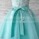 Turquoise Tulle Ivory Lace V Back Knee Length Flower Girl Dress