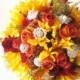 Silk Flowers Fall Wedding Bouquet, Sunflowers, Orange Roses, Autumn Leaves, Brooch Rustic Barn Wedding Flowers Package