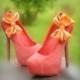 Light Orange Wedding Shoe Clips. Coral Pink Salmon Bow. White Ivory Pearl Rhinestone. Satin Ribbon Red Teal Yellow Blue Purple Emerald Gold