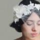 Bridal lace headpiece with detachable mini birdcage veil half crown halo silk rose flowers lace and headpiece comb or clip - EMMELINE