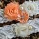 Wedding Garter Set - Ivory FRENCH (IMPORT) Lace and Peach Chiffon Flowers, Bridal Garter, Plus Size Garter - Toss Garters - Chiffon flower