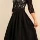 Black formal dress, Asymmetrical dress with lace, Pleated dress, Long evening dress, Mother of the bride dress, Dress for special occasions.