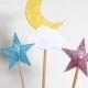 Twinkle Little Star Dessert Picks, moon, cloud and blue and pink stars with custom colors available