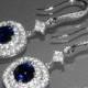 Cubic Zirconia Bridal Earrings Navy Blue Silver CZ Wedding Earrings Clear Cubic Zirconia Dangle Earrings Wedding Chandelier Bridal Earrings