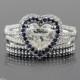 Engagement Ring, Heart Diamond Three Ring Wedding Set with Diamonds and Dark Blue Sapphires - LS1619