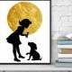 Moon print, Girl and dog, Dog print, Girl silhouette, Dog lovers gift, Kids room decor, Moon wall art, Gold foil, InstantDownloadArt1