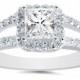 1.03 cttw Diamond Princess Cut Halo Vintage Style Engagement Ring Split Shank 14K White Gold, Diamond Princess Cut, Vintage Diamond Ring