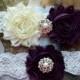 Wedding Garter Set,  Plum and Ivory Bridal Garter Set, Ivory Lace Garter, Plum Garter, Victoria Style A 10735