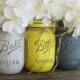 Set Of 3 Pint Mason Jars, Painted Mason Jars, Yellow And Gray Mason Jars, Country Home Decor, Yellow & Gray Mason Jars