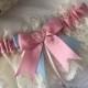 WEDDING GARTER ivory lace antique pink satin blue bow heart crystal diamante