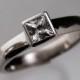 White Sapphire Engagement Ring, Princess Cut Bezel Solitaire Ring in Palladium, Yellow or White Gold, Diamond Alternative