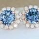 Blue Crystal Earrings,Swarovski Denim Blue White Opal Rose Gold Halo Stud Earrings,halo Earrings,bridal Earrings,something Blue,opal Earring