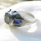 Art Deco Diamond Sapphire Ring, Fiery Old Cut Diamond, Pretty Details in White Gold, Dainty, Circa 1920's