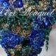 Brooch Bouquet, Unique Wedding Bouquet, Royal Blue Emerald Silver & Gold Wedding Bouquet, Bridal Bouquet, Jewelry Bouquet, Cascading Bouquet