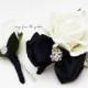 Black and White with Rhinestones Real Touch Rose Wedding Boutonniere Wedding Corsage Mother of the Bride Father Flowers Prom Corsage